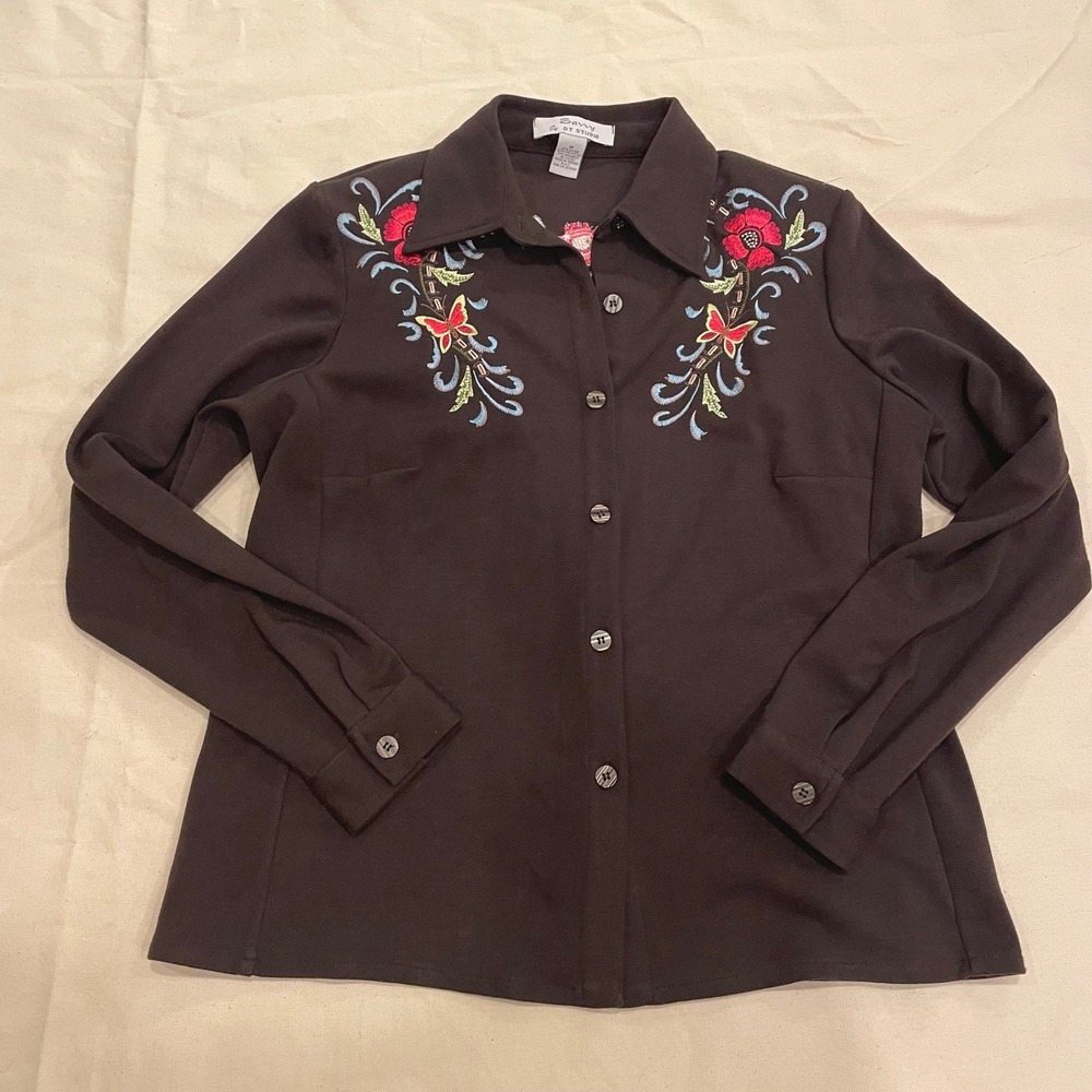 VTG Savvy‎ by DT Studio Brown Embroidered Butterfly Flower Button Shirt Womens M